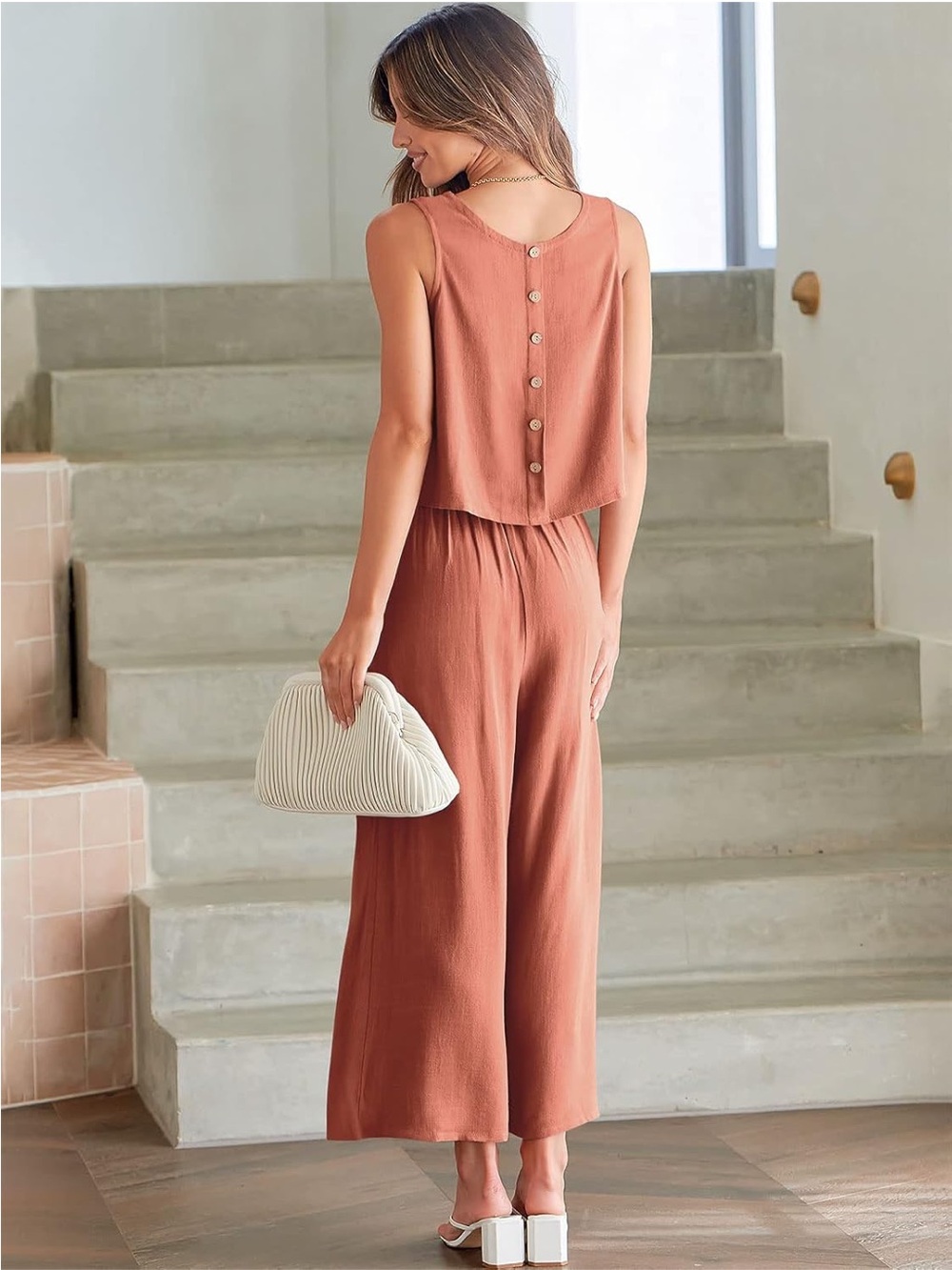 Terracotta Linen Button-Back Tank and Wide Leg Pant Set - Picture 15 of 16